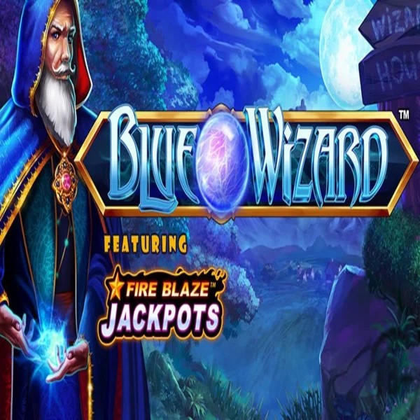 Blue Wizard Fire Blaze Jackpots logo by Rarestone Gaming at Casino Prestige